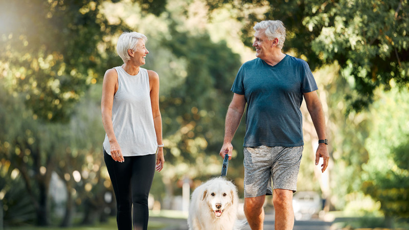 Man and Woman walking dog